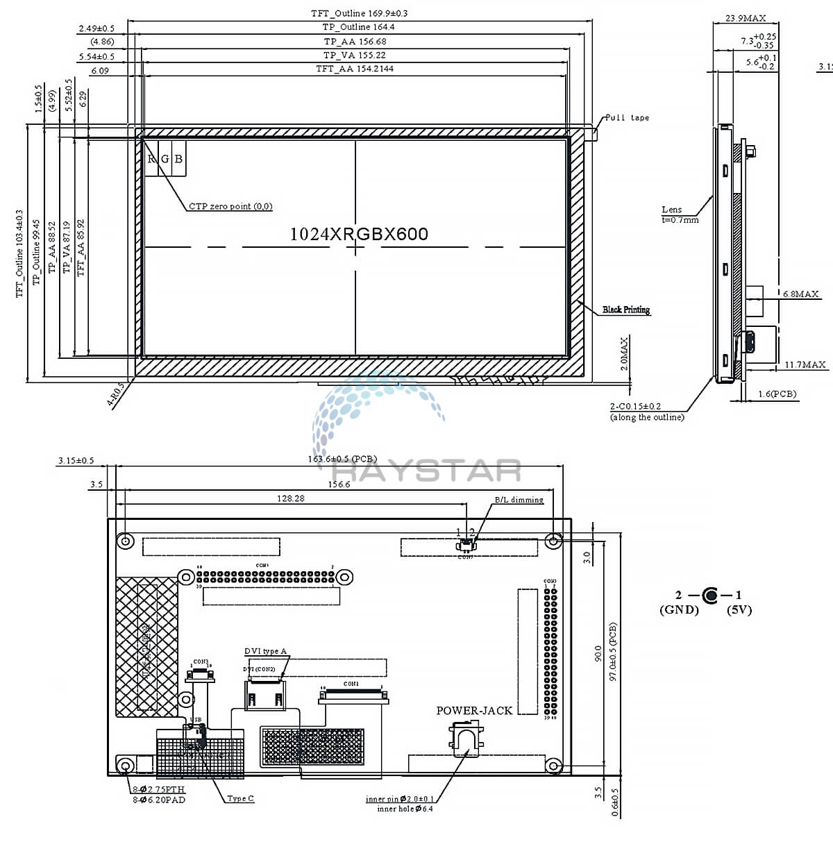 RFH70EA8-1YW-LHG Contour Drawing - 7-inch HDMI IPS TFT LCD Module with PCAP - Raystar